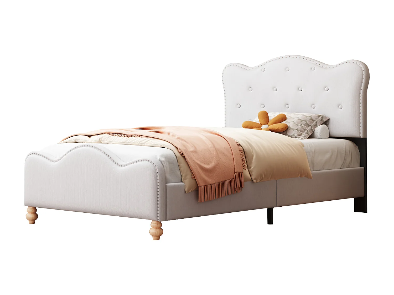 Gestoffeerd eenpersoonsbed kinderbed 90x200cm, linnen stoffen bedframe, met schattig hoofdbord, voeteneinde en witte lattenbodem