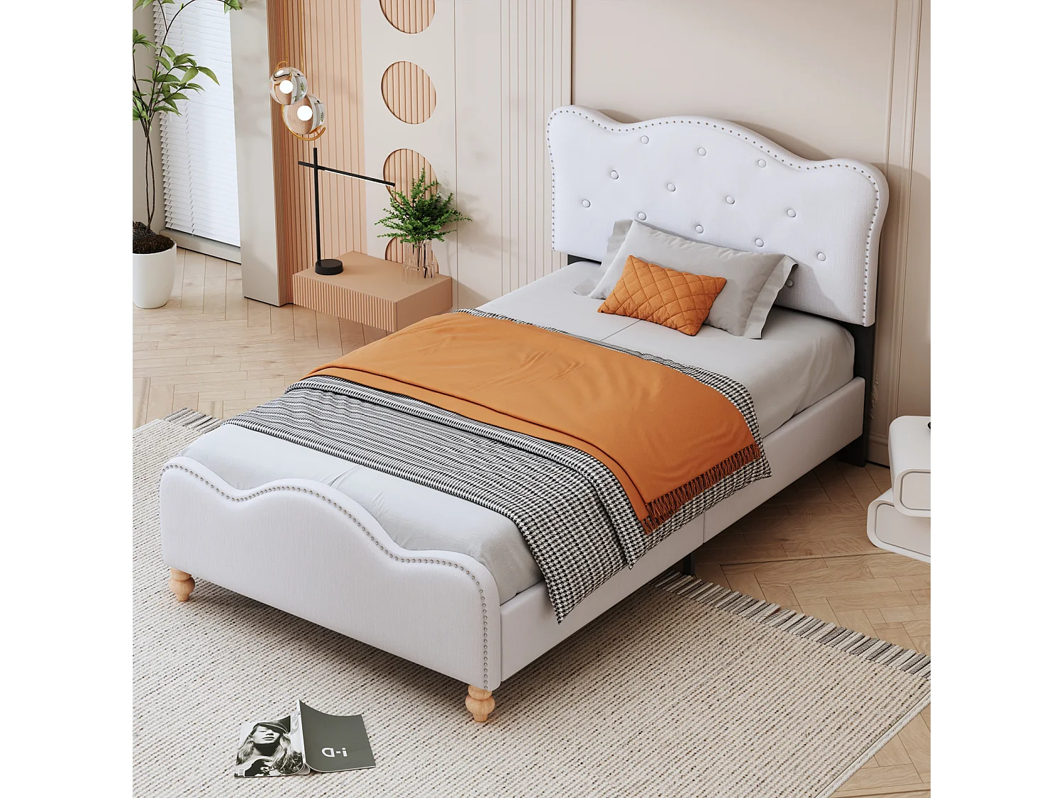 Gestoffeerd eenpersoonsbed kinderbed 90x200cm, linnen stoffen bedframe, met schattig hoofdbord, voeteneinde en witte lattenbodem