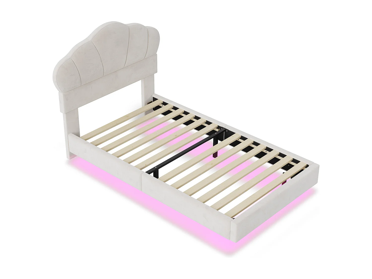 Eenpersoonsbed 90x200cm, LED-bed met lattenbodem en hoofdbord in de vorm van een wolk, verborgen voeteneinde, beige fluwelen stof