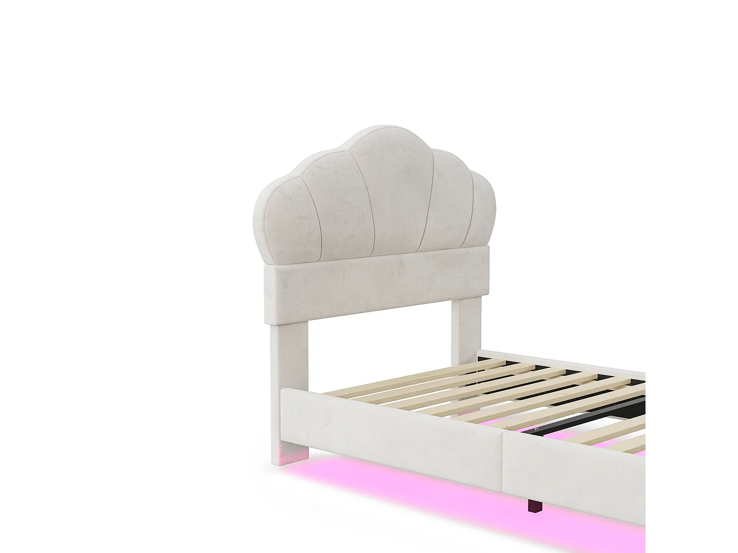 Eenpersoonsbed 90x200cm, LED-bed met lattenbodem en hoofdbord in de vorm van een wolk, verborgen voeteneinde, beige fluwelen stof