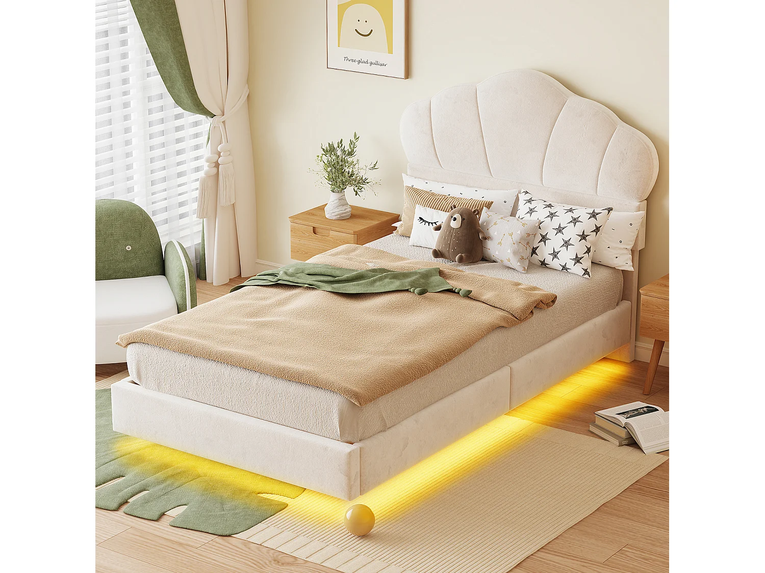 Eenpersoonsbed 90x200cm, LED-bed met lattenbodem en hoofdbord in de vorm van een wolk, verborgen voeteneinde, beige fluwelen stof