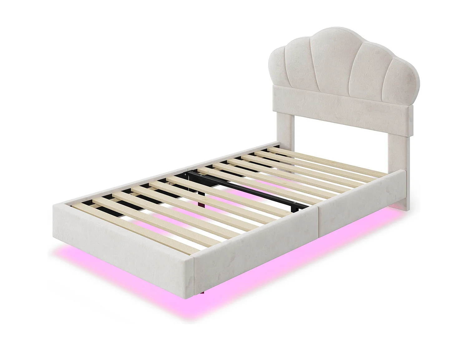 Eenpersoonsbed 90x200cm, LED-bed met lattenbodem en hoofdbord in de vorm van een wolk, verborgen voeteneinde, beige fluwelen stof