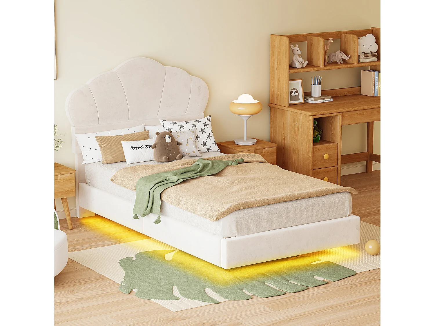 Eenpersoonsbed 90x200cm, LED-bed met lattenbodem en hoofdbord in de vorm van een wolk, verborgen voeteneinde, beige fluwelen stof