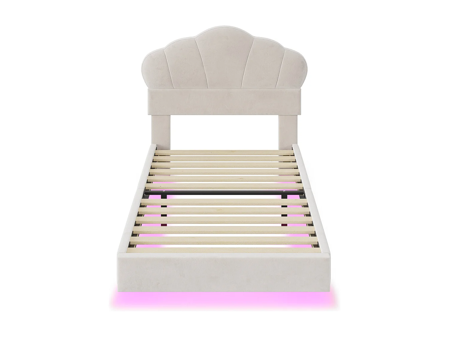 Eenpersoonsbed 90x200cm, LED-bed met lattenbodem en hoofdbord in de vorm van een wolk, verborgen voeteneinde, beige fluwelen stof