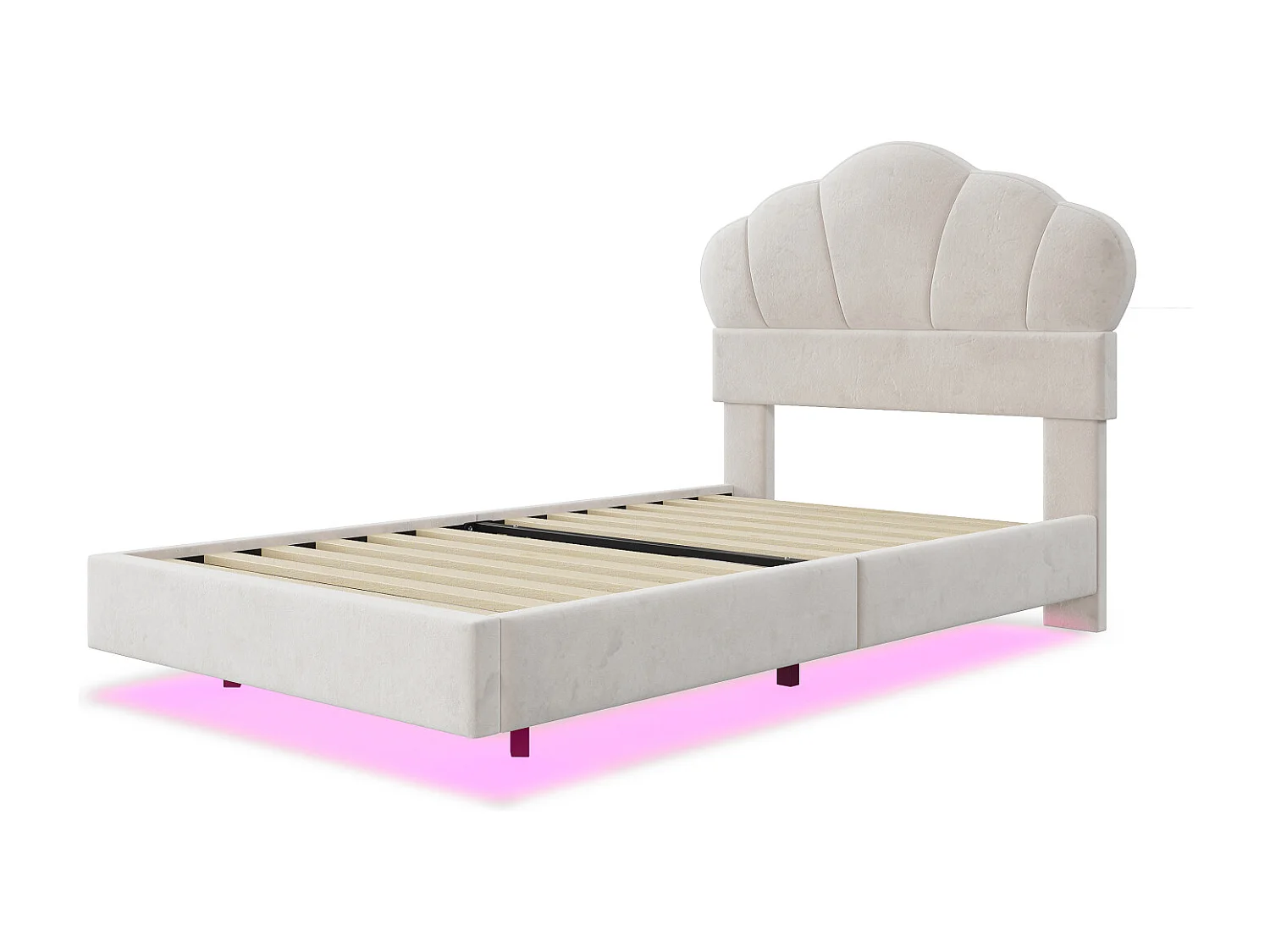 Eenpersoonsbed 90x200cm, LED-bed met lattenbodem en hoofdbord in de vorm van een wolk, verborgen voeteneinde, beige fluwelen stof