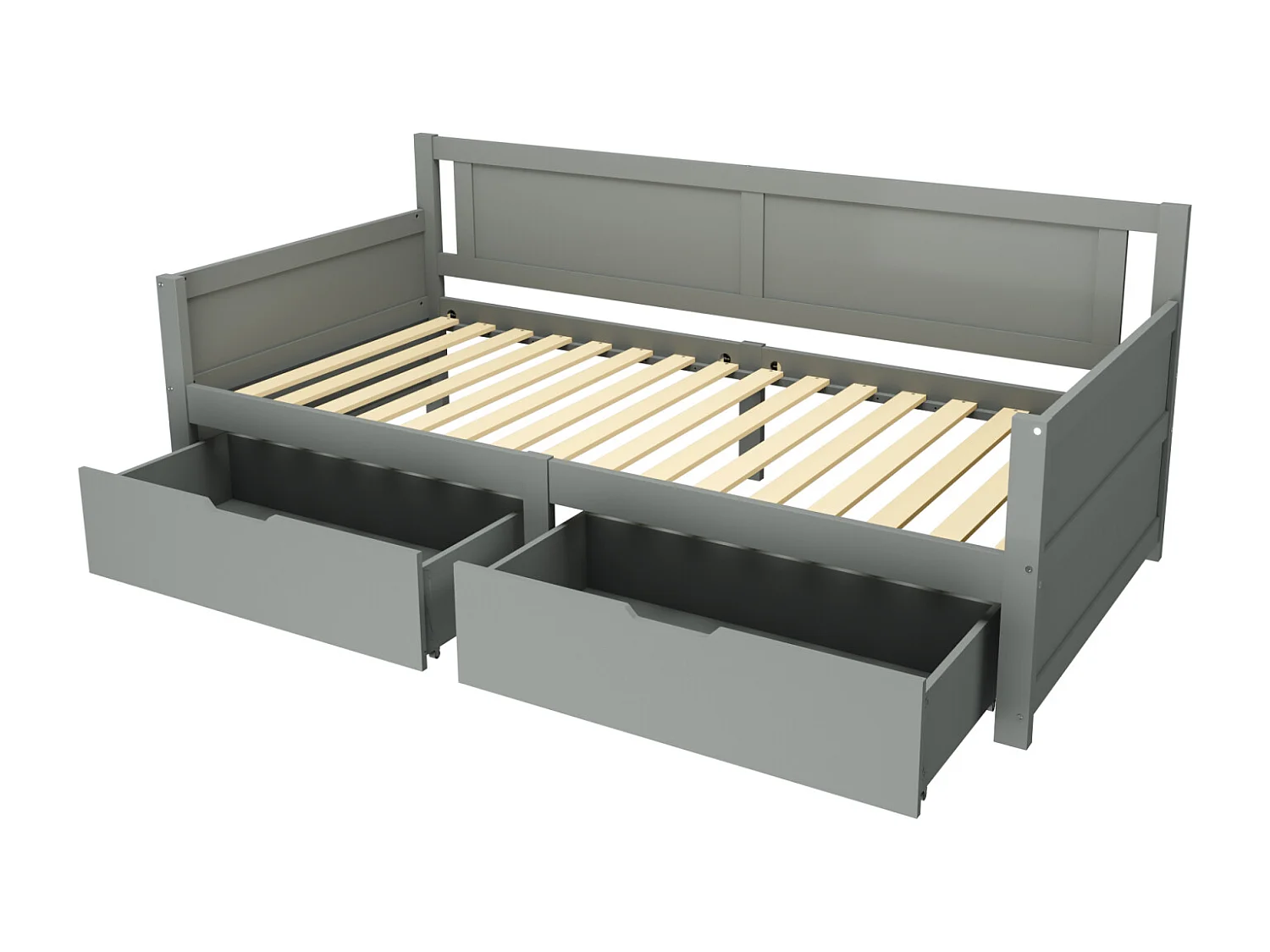 Lit simple 90x200cm avec 2 tiroirs, structure en bois massif, avec sommier à lattes, gris