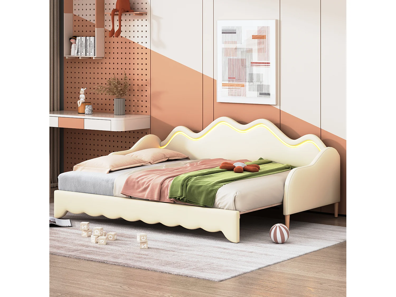 Lit gigogne 90/180x190cm, lit enfant en simili cuir avec éclairage LED, avec sommier à lattes, sans matelas, beige