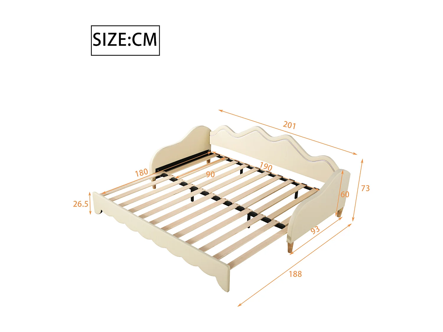 Lit gigogne 90/180x190cm, lit enfant en simili cuir avec éclairage LED, avec sommier à lattes, sans matelas, beige