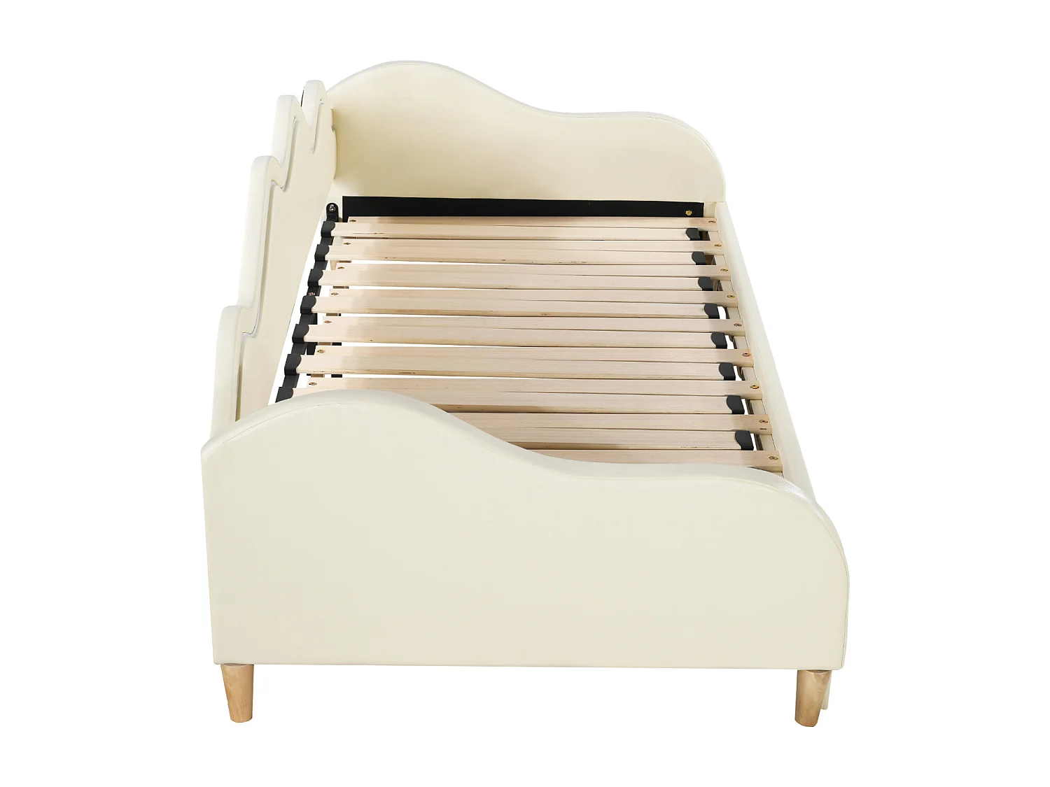 Lit gigogne 90/180x190cm, lit enfant en simili cuir avec éclairage LED, avec sommier à lattes, sans matelas, beige