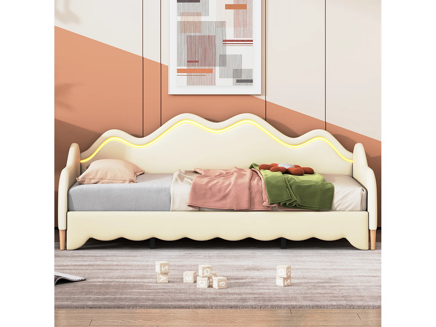 Lit gigogne 90/180x190cm, lit enfant en simili cuir avec éclairage LED, avec sommier à lattes, sans matelas, beige