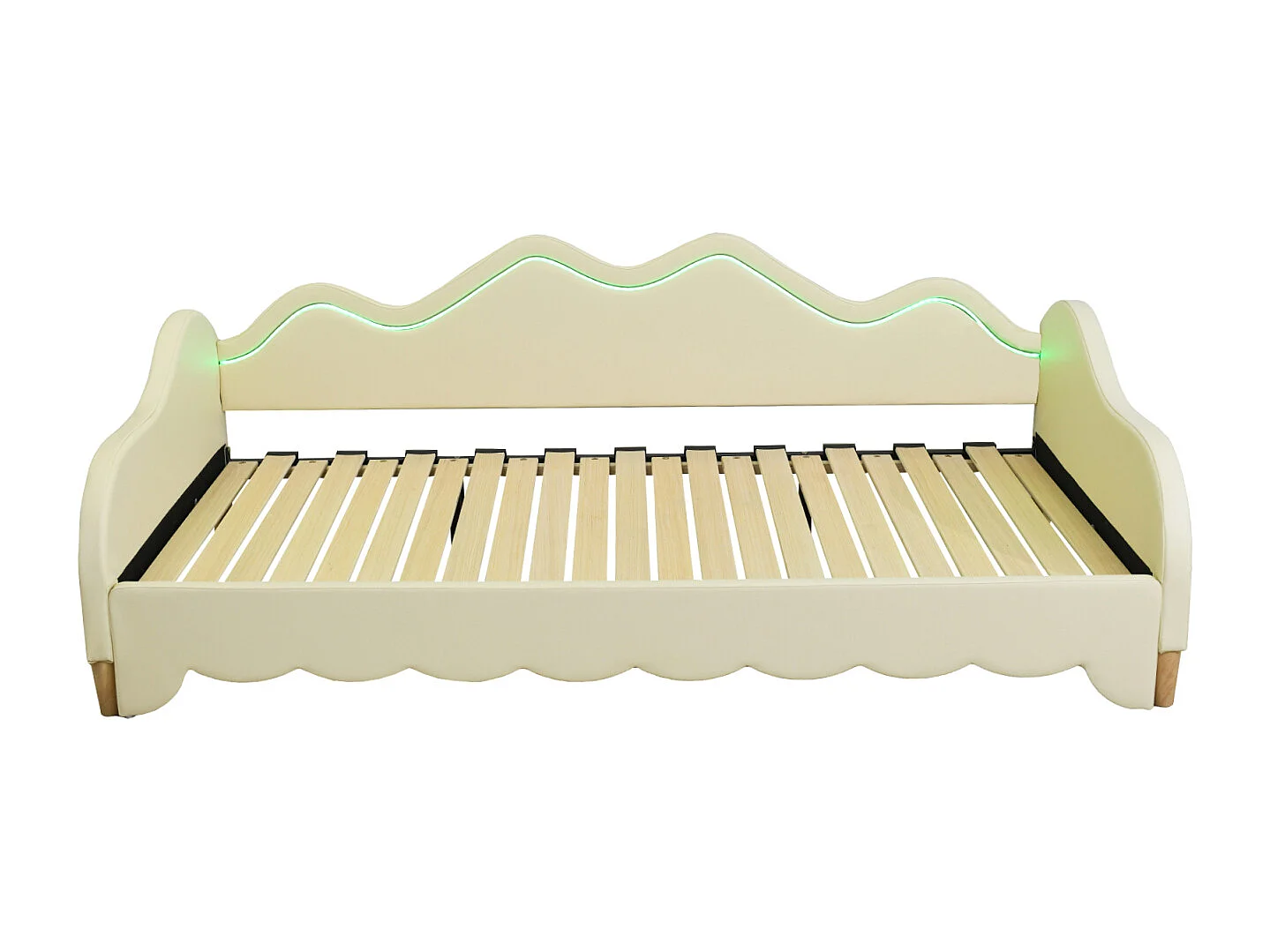 Lit gigogne 90/180x190cm, lit enfant en simili cuir avec éclairage LED, avec sommier à lattes, sans matelas, beige