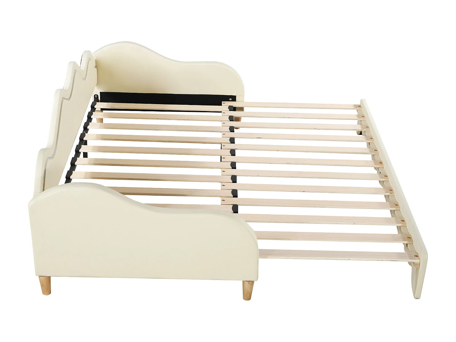 Lit gigogne 90/180x190cm, lit enfant en simili cuir avec éclairage LED, avec sommier à lattes, sans matelas, beige