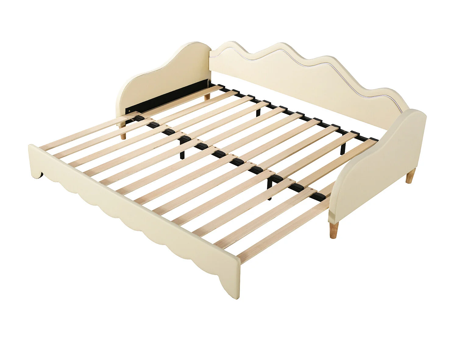 Lit gigogne 90/180x190cm, lit enfant en simili cuir avec éclairage LED, avec sommier à lattes, sans matelas, beige