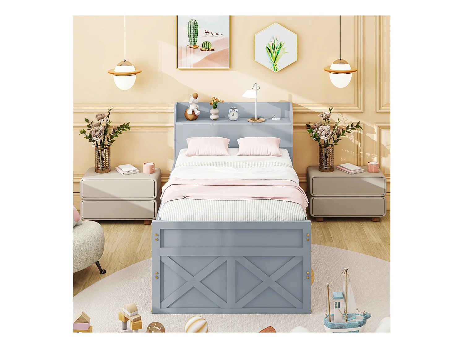 Lit gigogne 90x190cm, lit d'enfant avec tiroir extensible, sommier à lattes, tête de lit avec étagères de rangement et prise USB, gris