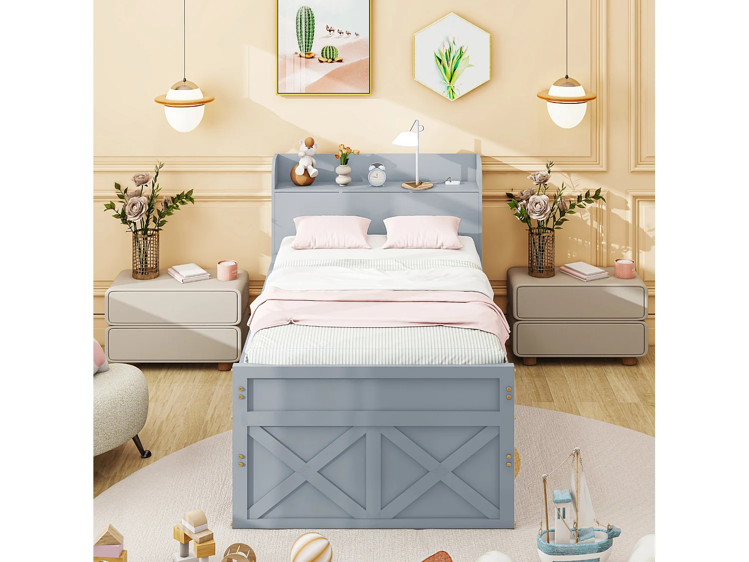 Uitschuifbed 90x190cm, kinderbed met uitschuifbare lade, lattenbodem, hoofdbord met opbergplanken en USB-aansluiting, grijs