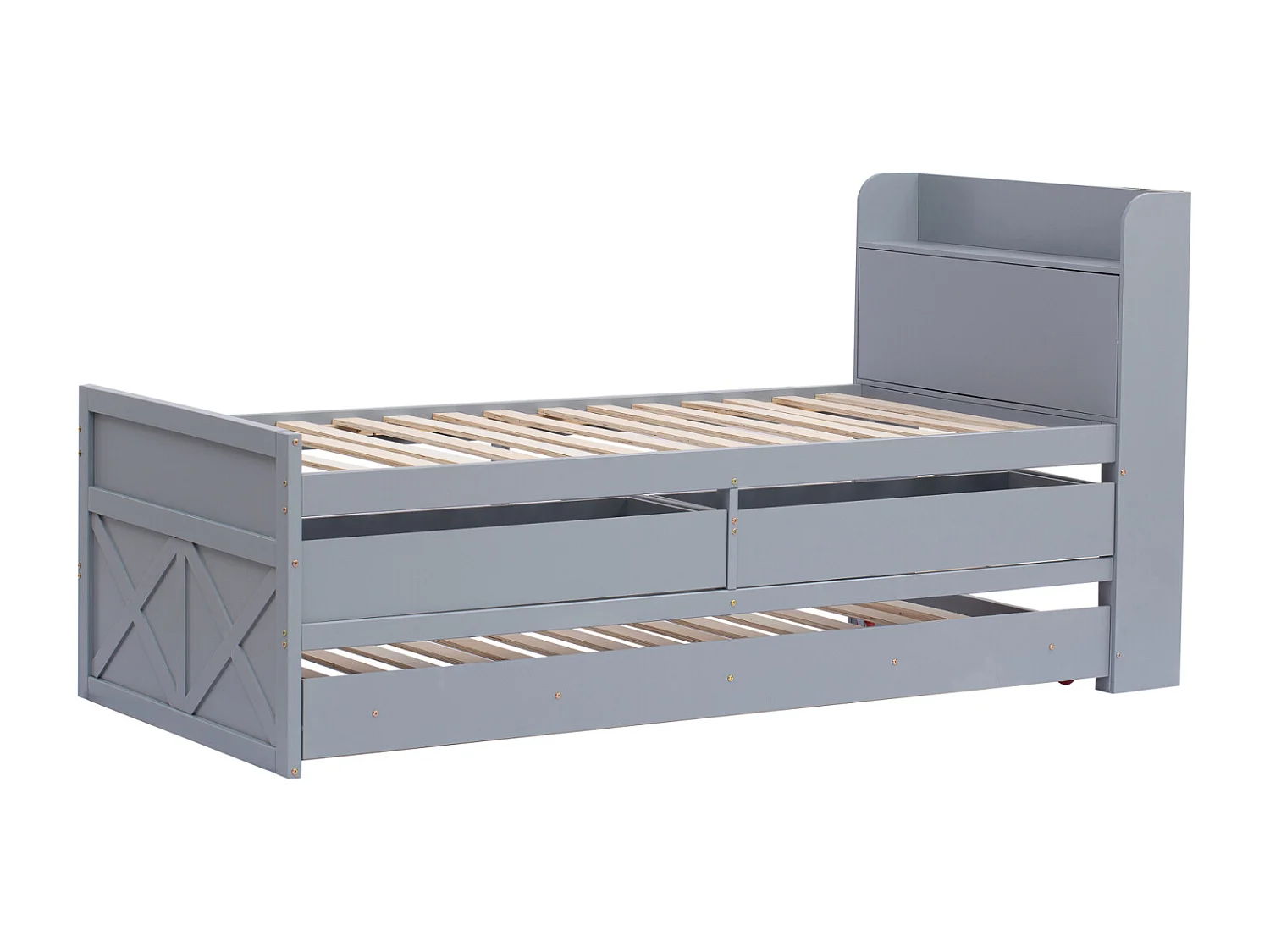 Uitschuifbed 90x190cm, kinderbed met uitschuifbare lade, lattenbodem, hoofdbord met opbergplanken en USB-aansluiting, grijs