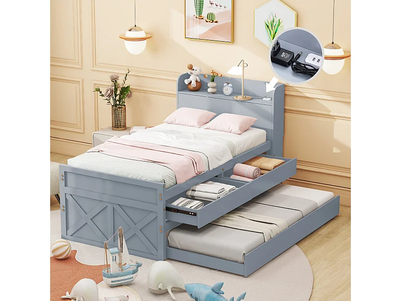 Lit gigogne 90x190cm, lit d'enfant avec tiroir extensible, sommier à lattes, tête de lit avec étagères de rangement et prise USB, gris