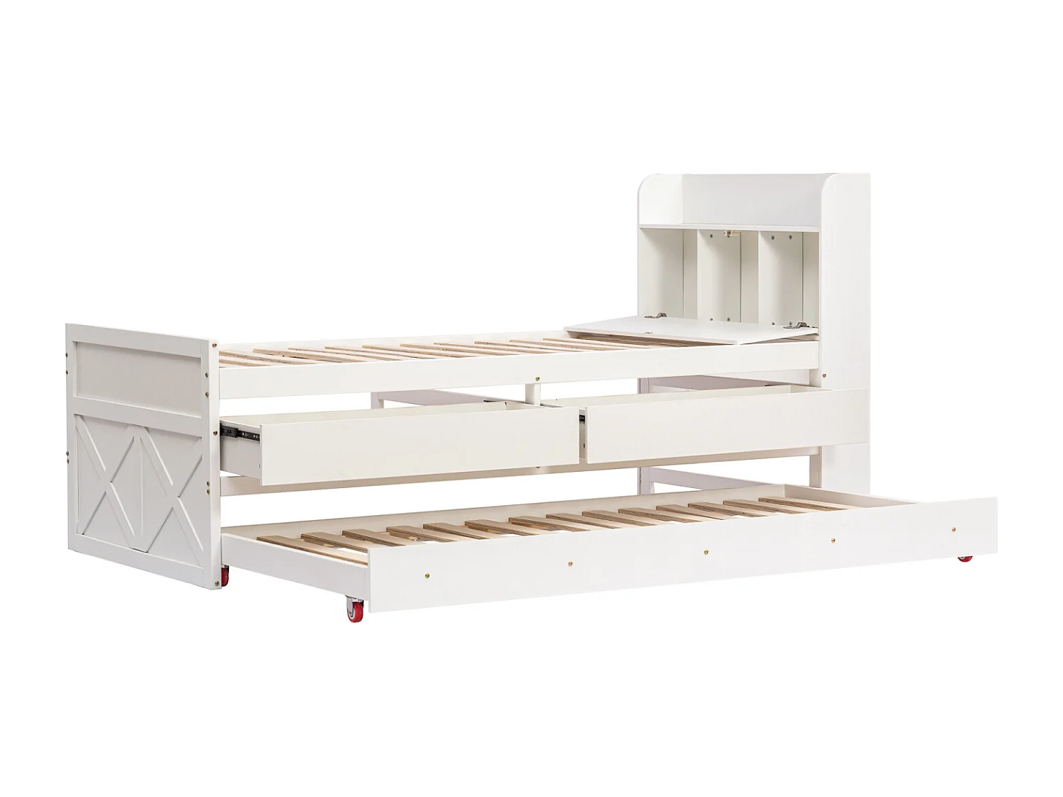 Cama nido 90x190cm, cama infantil con cajón extensible, somier de láminas, cabecero con baldas de almacenaje y toma USB, color blanco