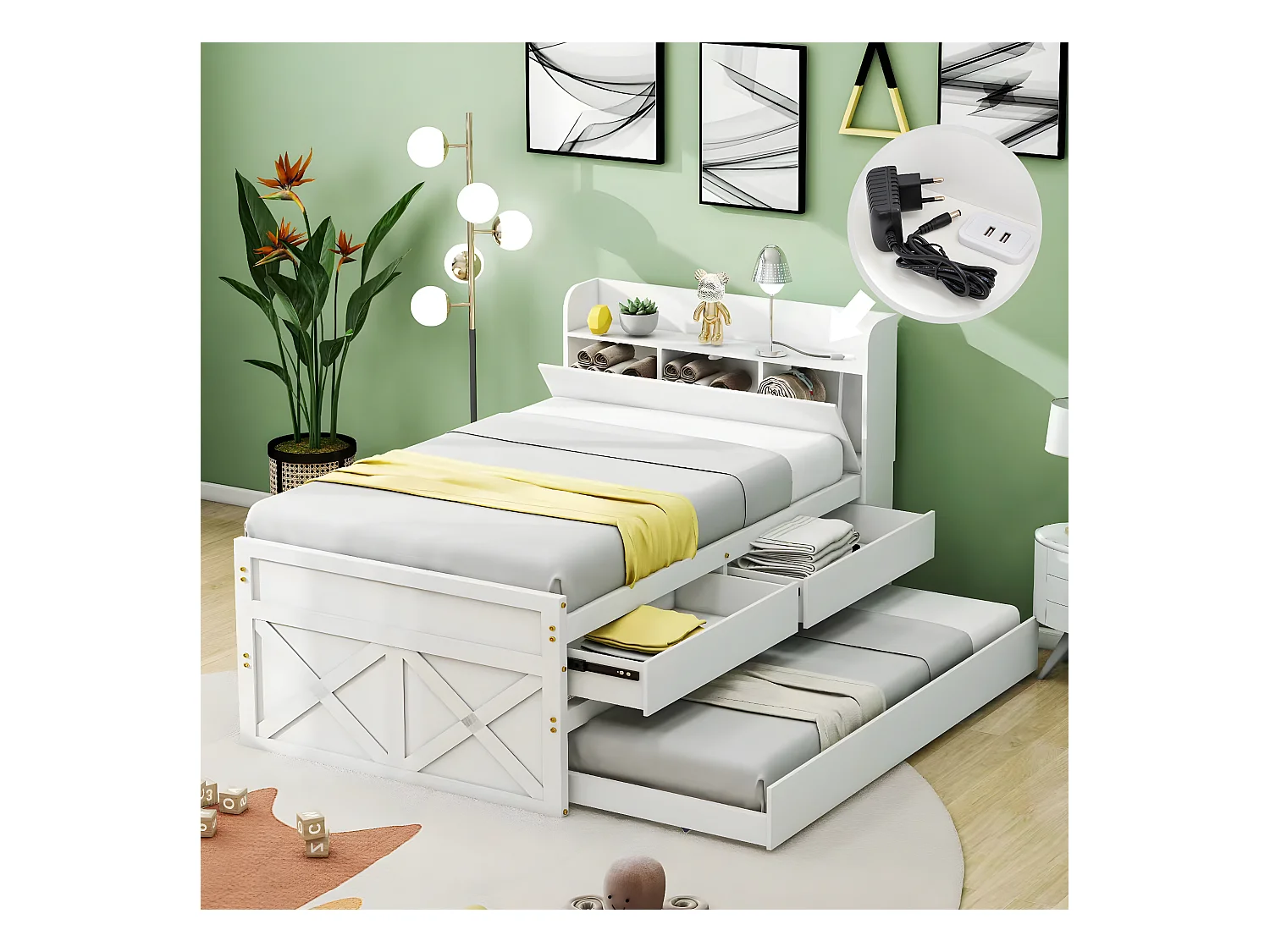 Lit gigogne 90x190cm, lit d'enfant avec tiroir extensible, sommier à lattes, tête de lit avec étagères de rangement et prise USB, blanc