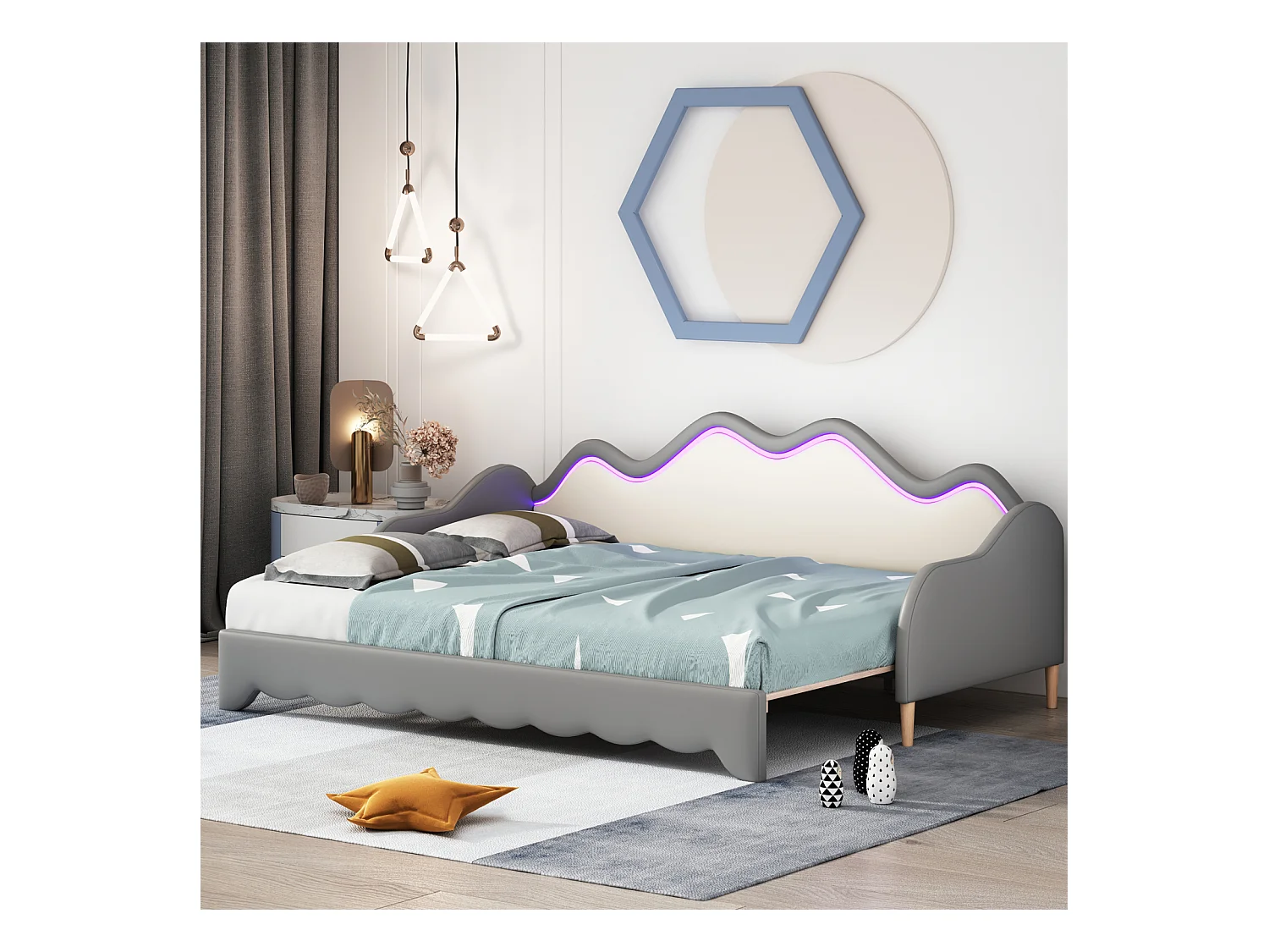 Lit gigogne 90/180x190cm, lit enfant en simili cuir avec éclairage LED, avec sommier à lattes, sans matelas, gris