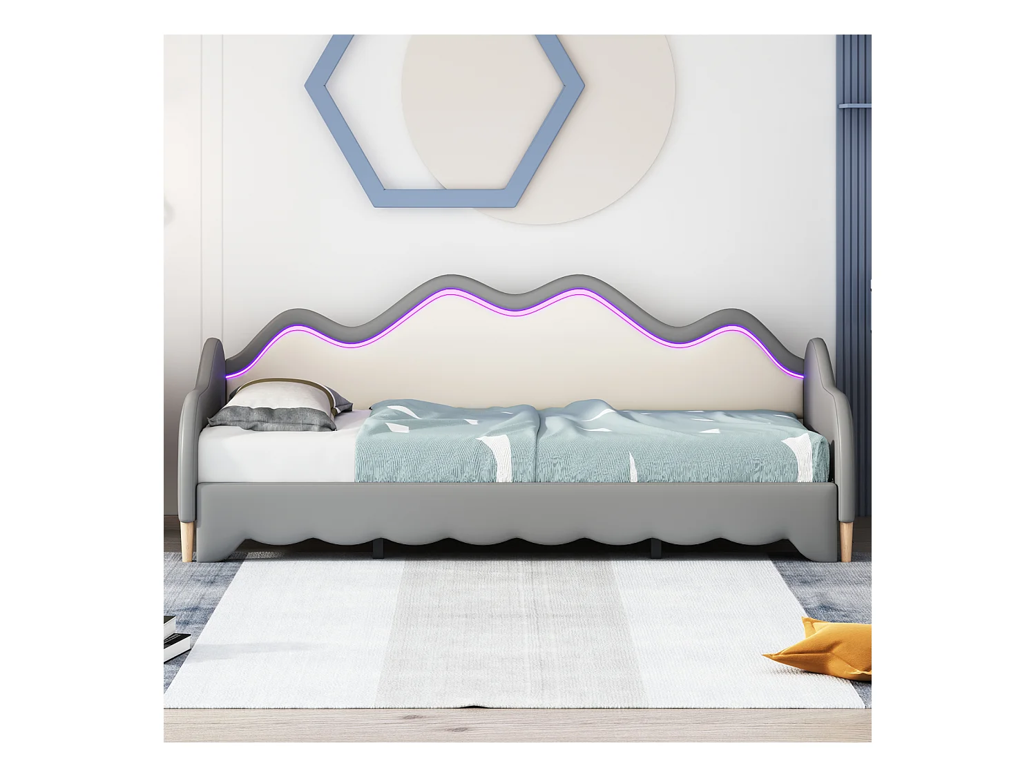 Uitschuifbed 90/180x190cm, kinderbed in imitatieleer met ledverlichting, met lattenbodem, zonder matras, grijs