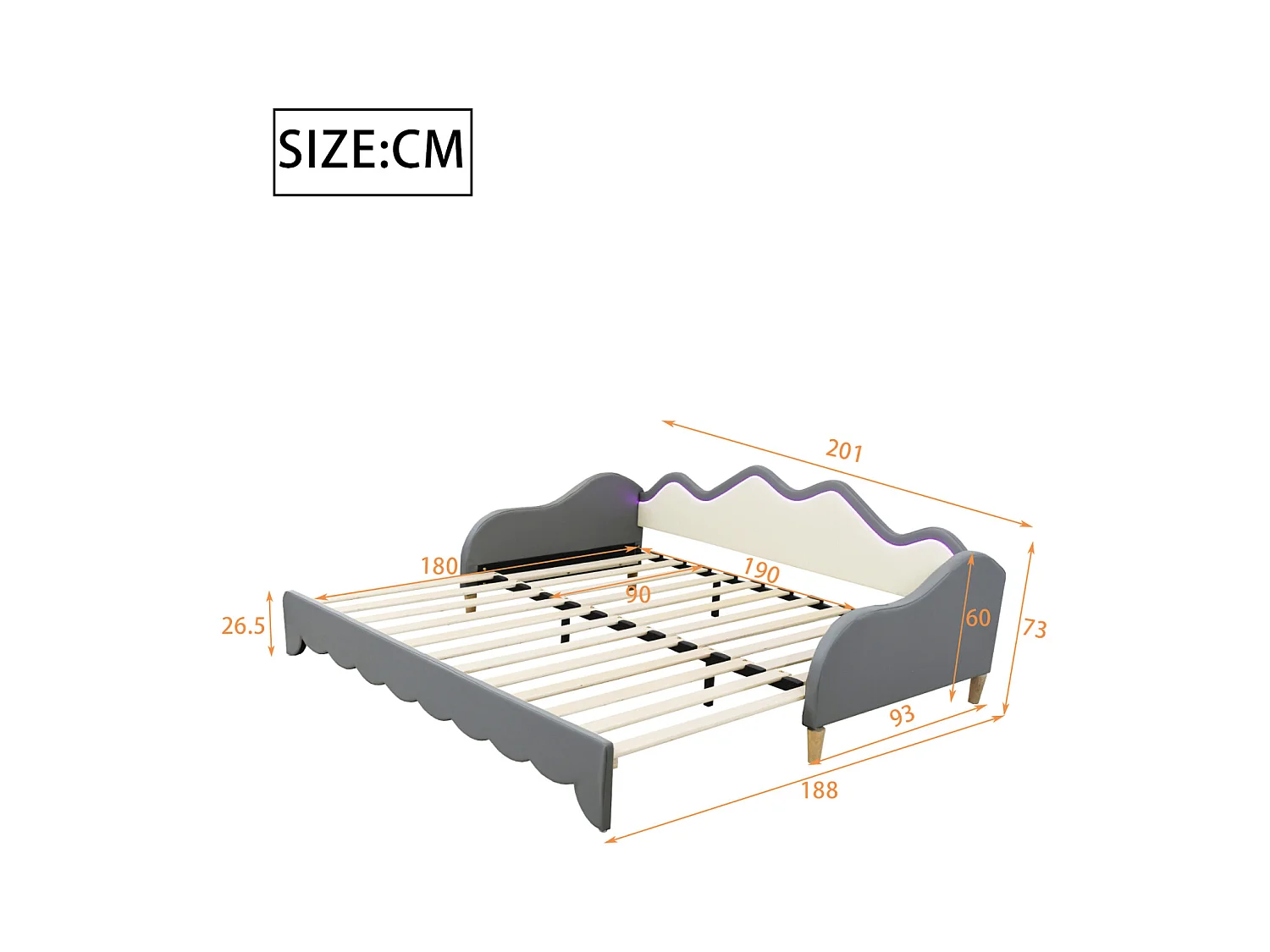 Uitschuifbed 90/180x190cm, kinderbed in imitatieleer met ledverlichting, met lattenbodem, zonder matras, grijs