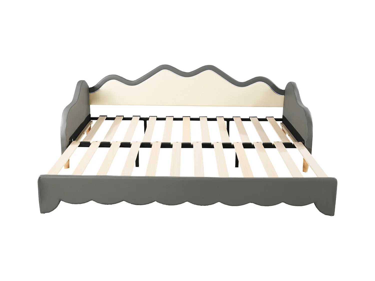 Uitschuifbed 90/180x190cm, kinderbed in imitatieleer met ledverlichting, met lattenbodem, zonder matras, grijs