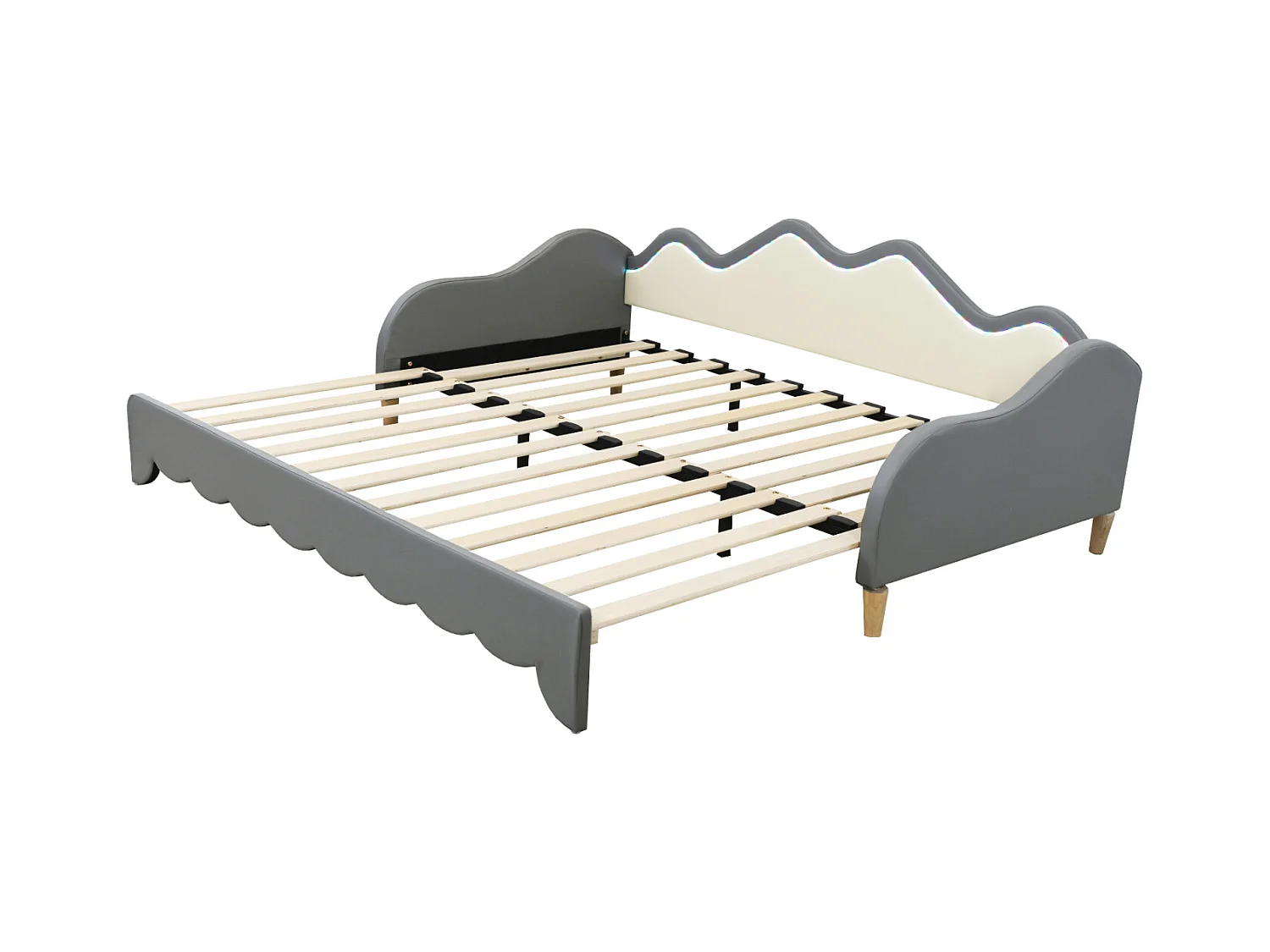 Uitschuifbed 90/180x190cm, kinderbed in imitatieleer met ledverlichting, met lattenbodem, zonder matras, grijs