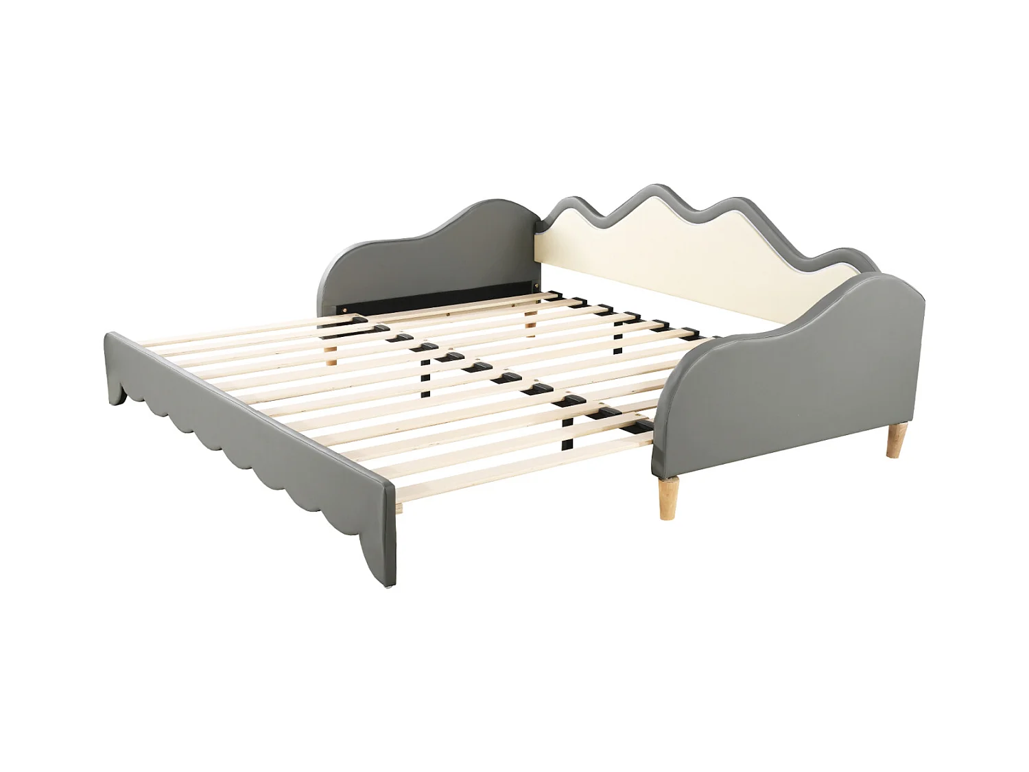 Uitschuifbed 90/180x190cm, kinderbed in imitatieleer met ledverlichting, met lattenbodem, zonder matras, grijs