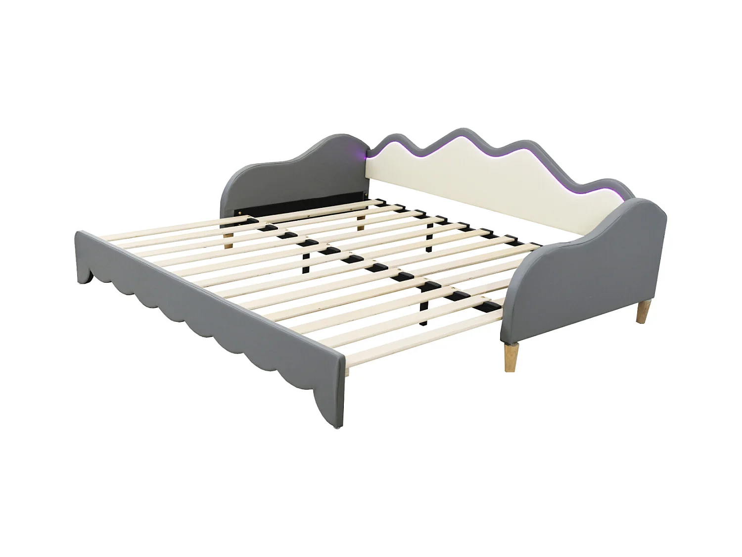 Uitschuifbed 90/180x190cm, kinderbed in imitatieleer met ledverlichting, met lattenbodem, zonder matras, grijs