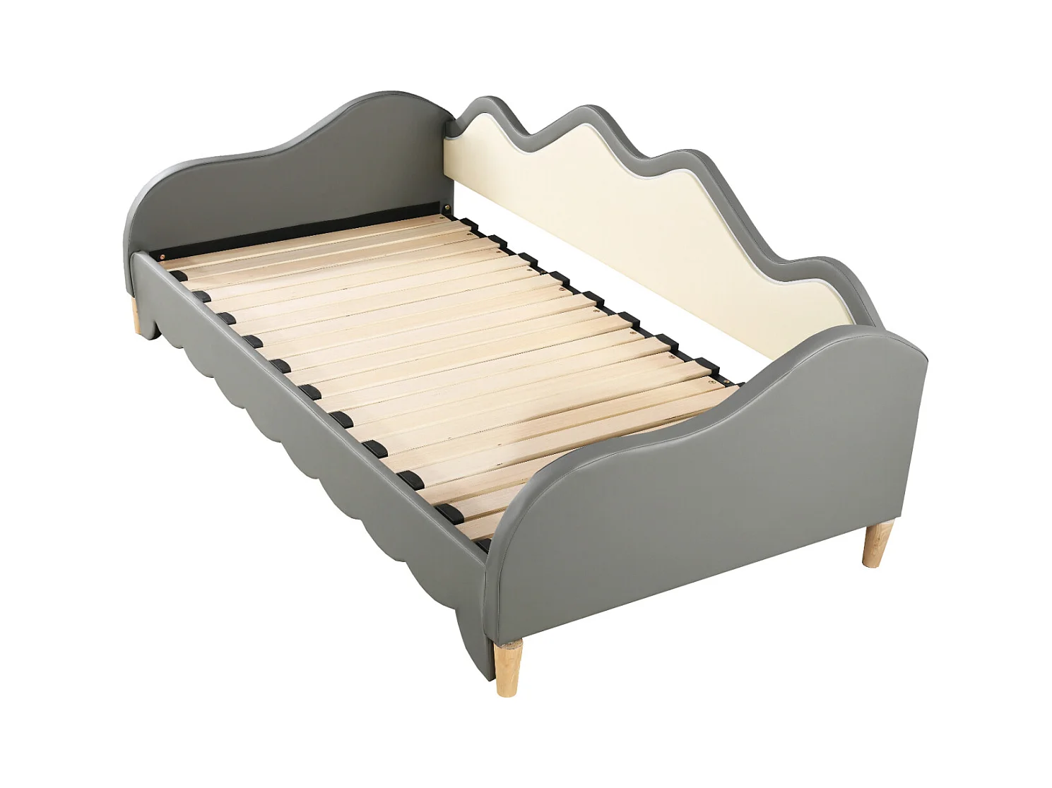 Uitschuifbed 90/180x190cm, kinderbed in imitatieleer met ledverlichting, met lattenbodem, zonder matras, grijs