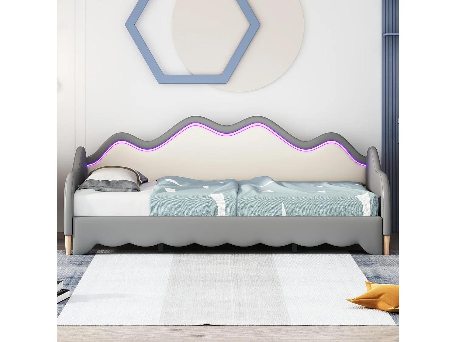 Uitschuifbed 90/180x190cm, kinderbed in imitatieleer met ledverlichting, met lattenbodem, zonder matras, grijs