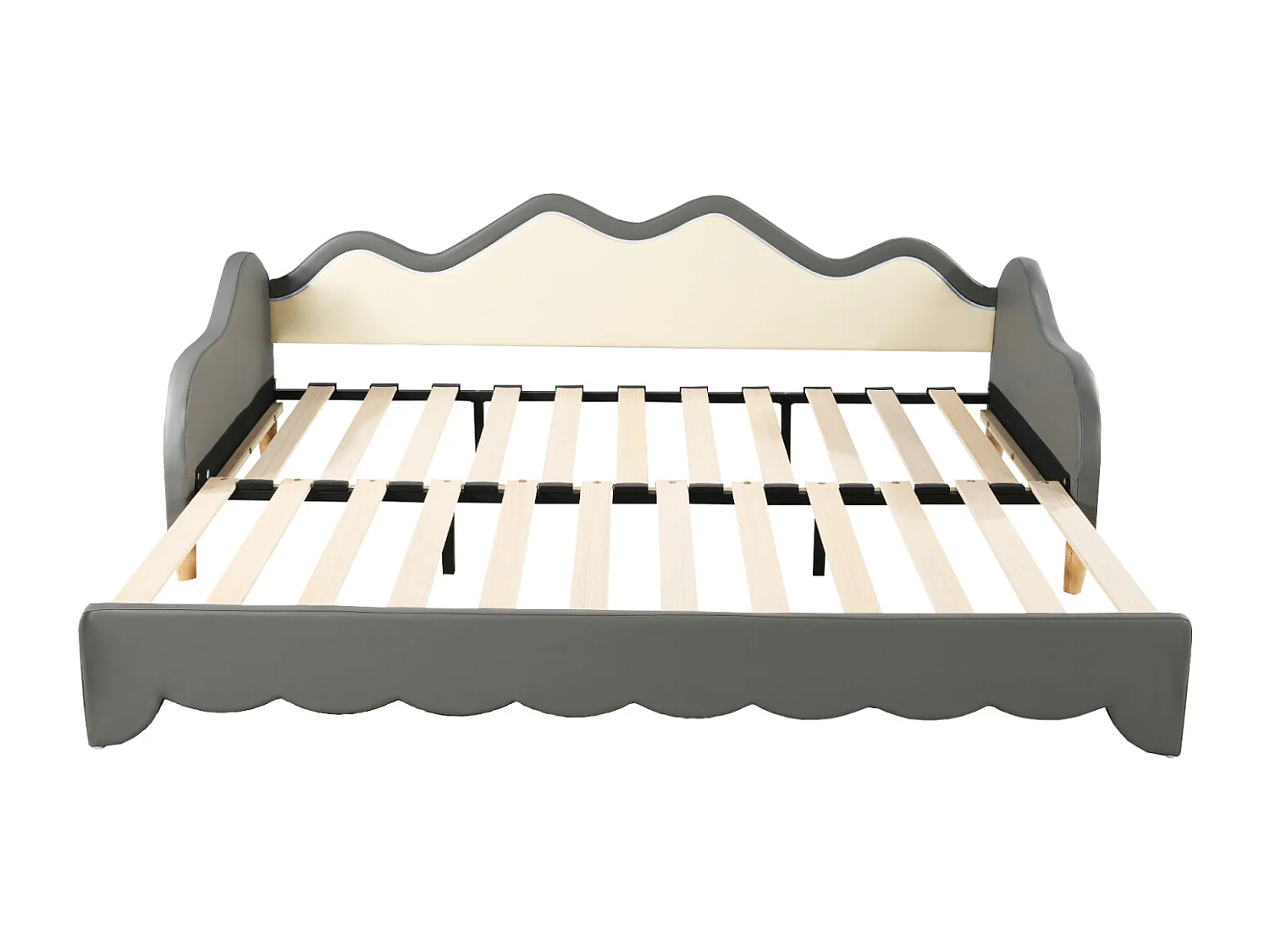 Uitschuifbed 90/180x190cm, kinderbed in imitatieleer met ledverlichting, met lattenbodem, zonder matras, grijs