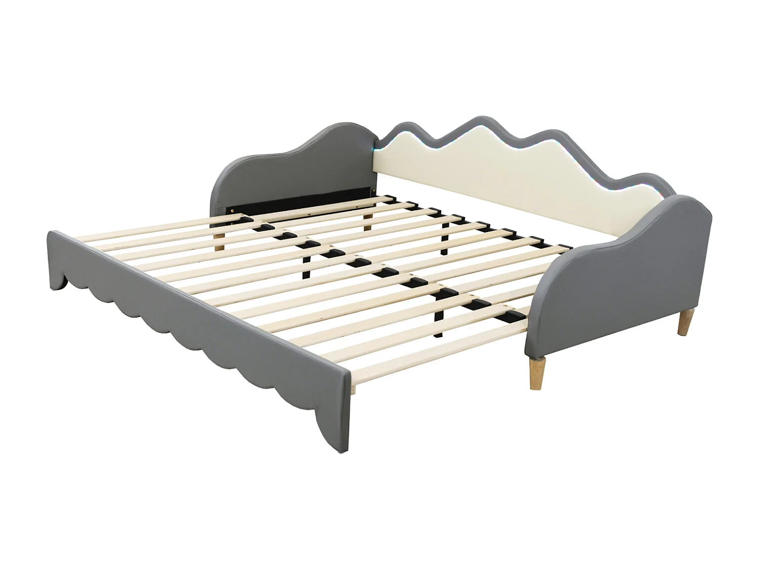Uitschuifbed 90/180x190cm, kinderbed in imitatieleer met ledverlichting, met lattenbodem, zonder matras, grijs
