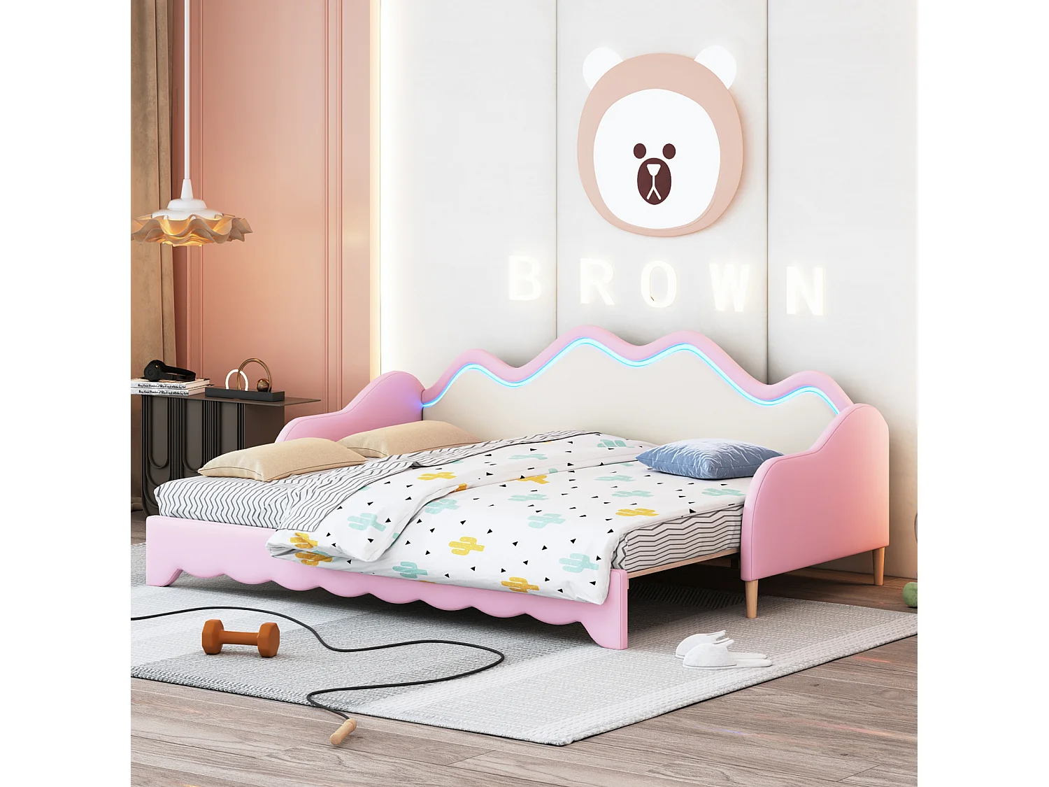 Lit gigogne 90/180x190cm, lit enfant en simili cuir avec éclairage LED, avec sommier à lattes, sans matelas, rose