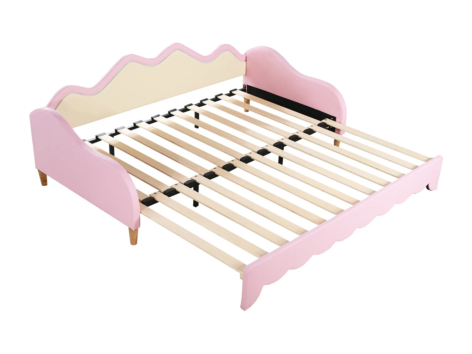 Lit gigogne 90/180x190cm, lit enfant en simili cuir avec éclairage LED, avec sommier à lattes, sans matelas, rose