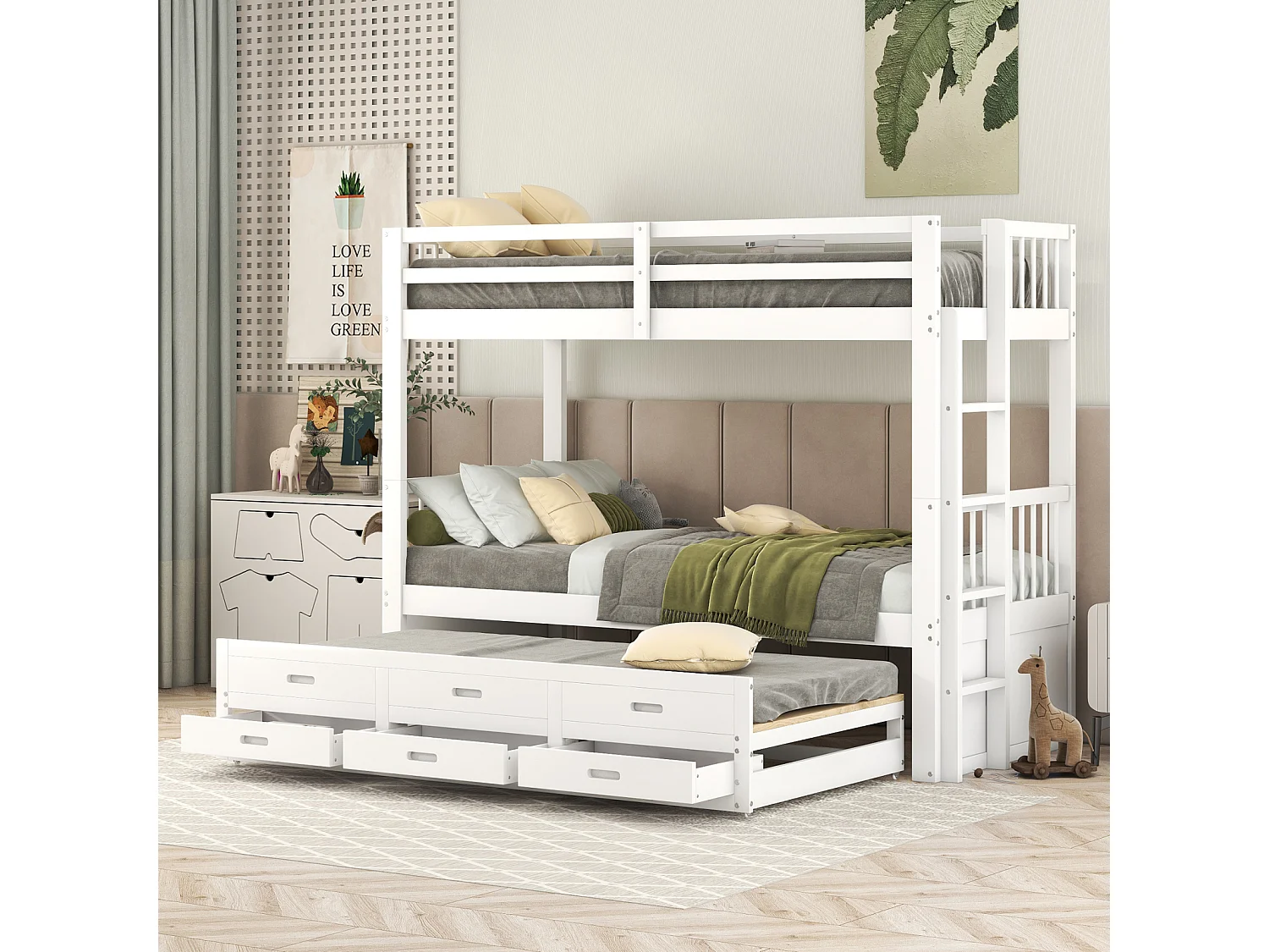 Lit superposé 90x200cm - Lit d'Enfant Cadre de Lit en Pin et MDF avec échelle Échelle - Lit Extensible + 3 Tiroirs Blanc