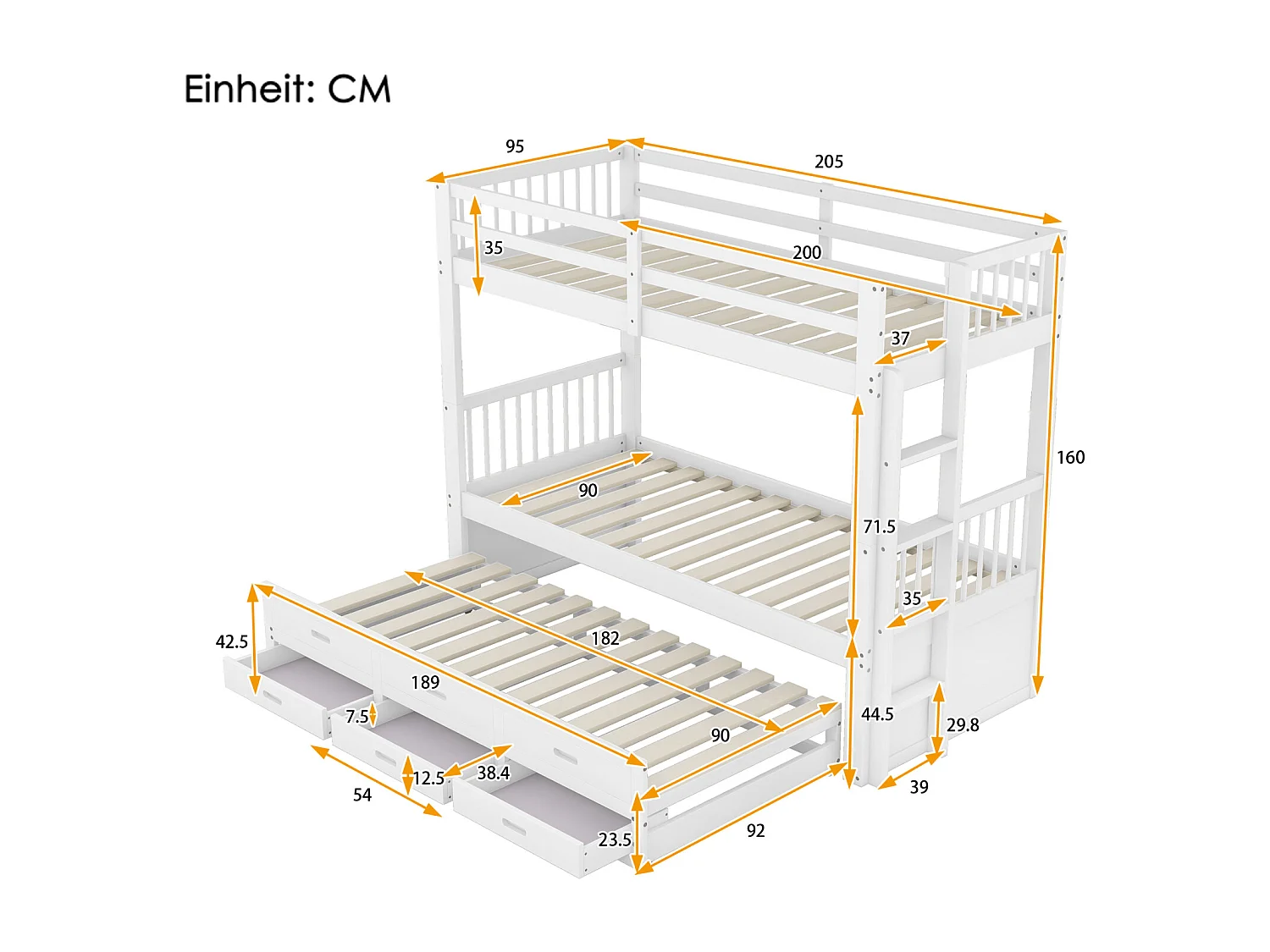 Lit superposé 90x200cm - Lit d'Enfant Cadre de Lit en Pin et MDF avec échelle Échelle - Lit Extensible + 3 Tiroirs Blanc