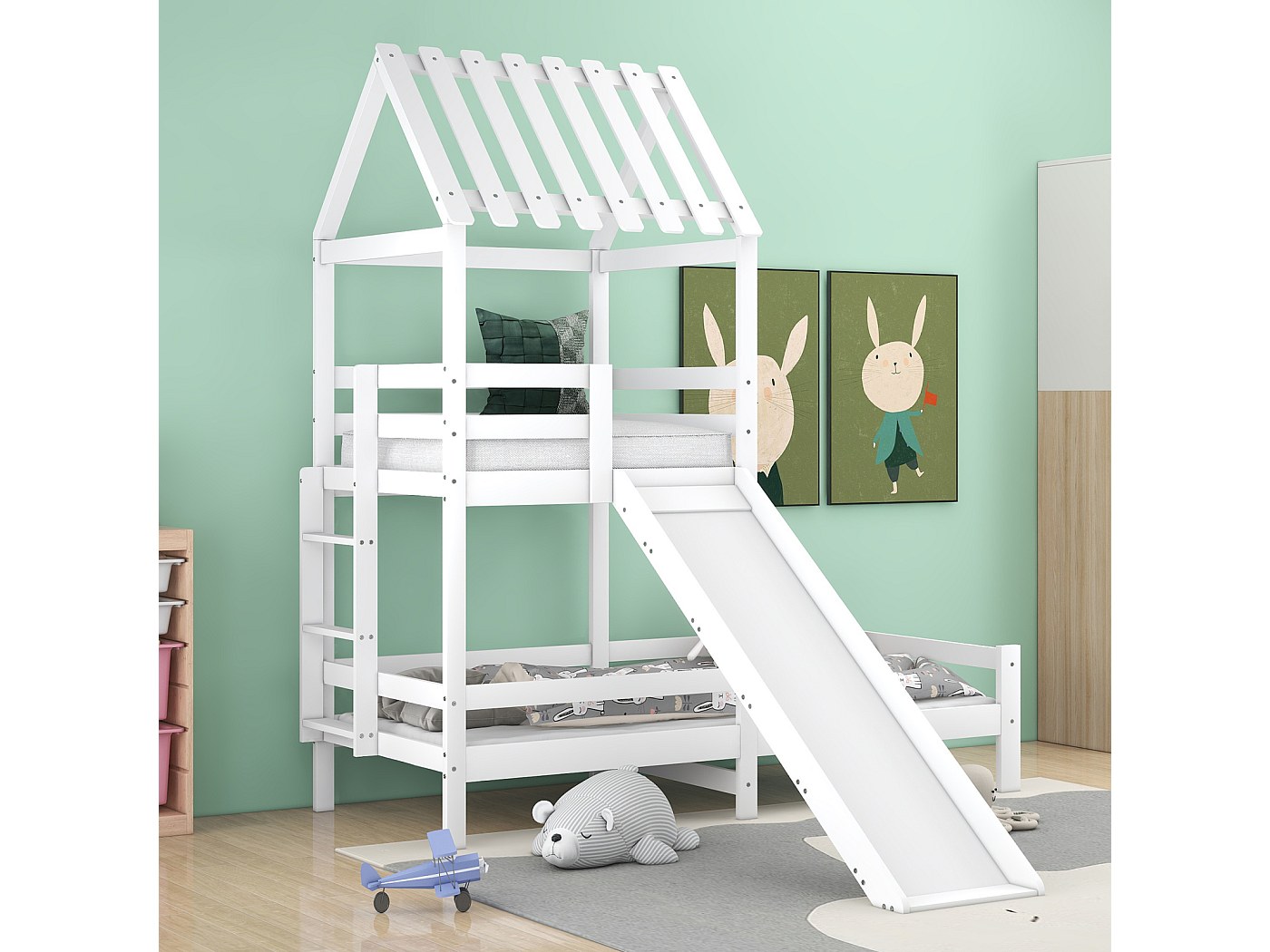 Lit superposé 90x200 cm, lit enfant avec fenêtre et