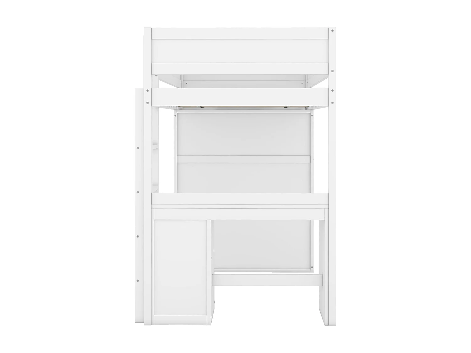 Cama alta 90x200cm, cama infantil polivalente, equipada con armario, escritorio y cajones, escalera, somier de láminas, pino, blanco