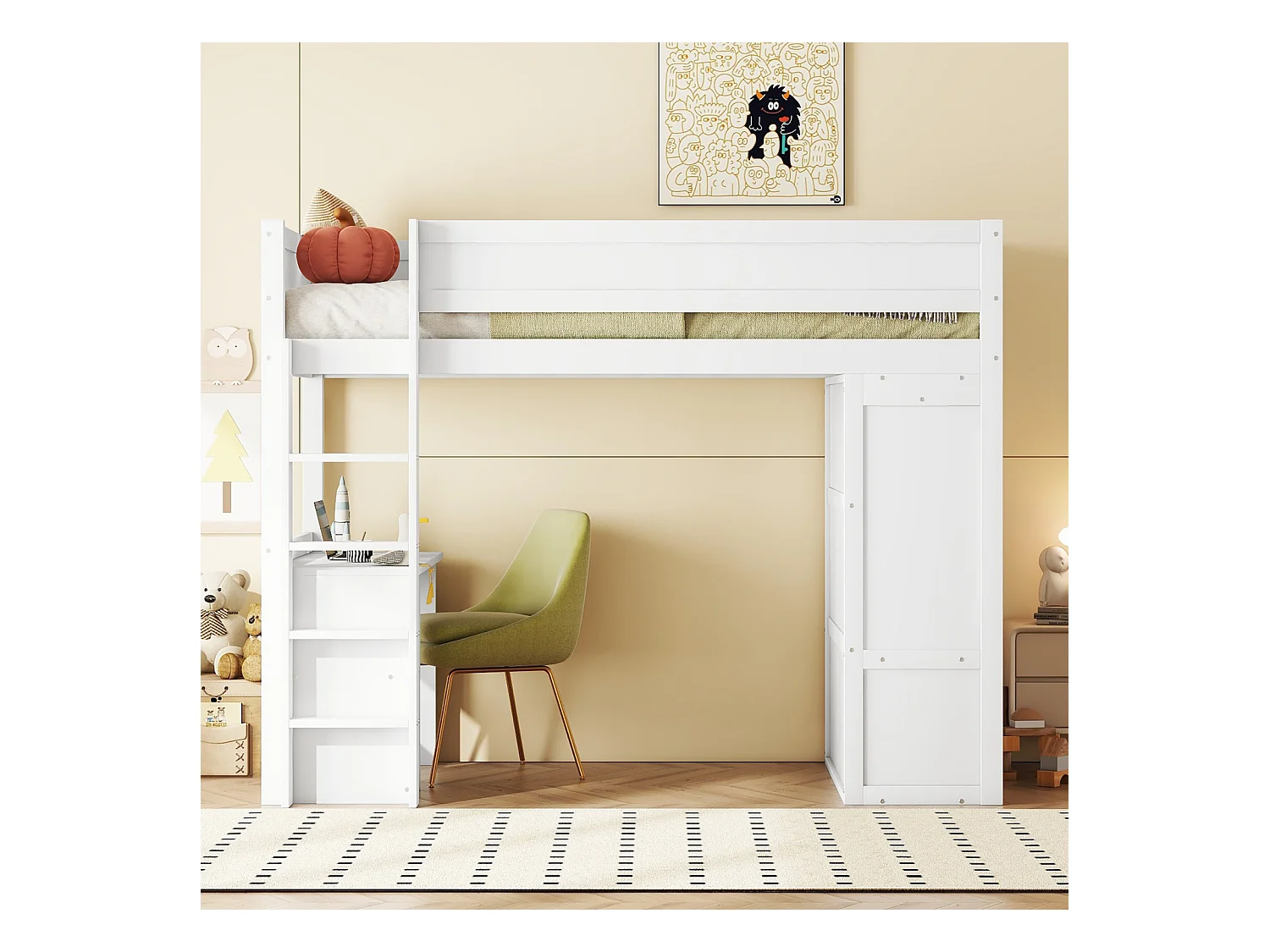 Lit mezzanine 90x200cm, lit enfant polyvalent, équipé d'armoire, bureau et tiroirs, échelle, sommier à lattes, pin, blanc