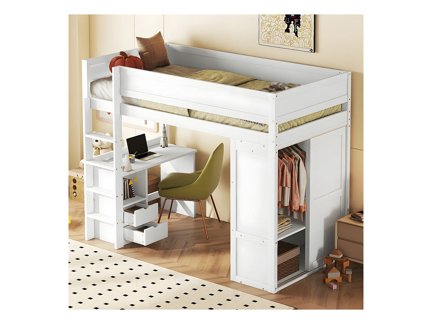 Lit mezzanine 90x200cm, lit enfant polyvalent, équipé d'armoire, bureau et tiroirs, échelle, sommier à lattes, pin, blanc