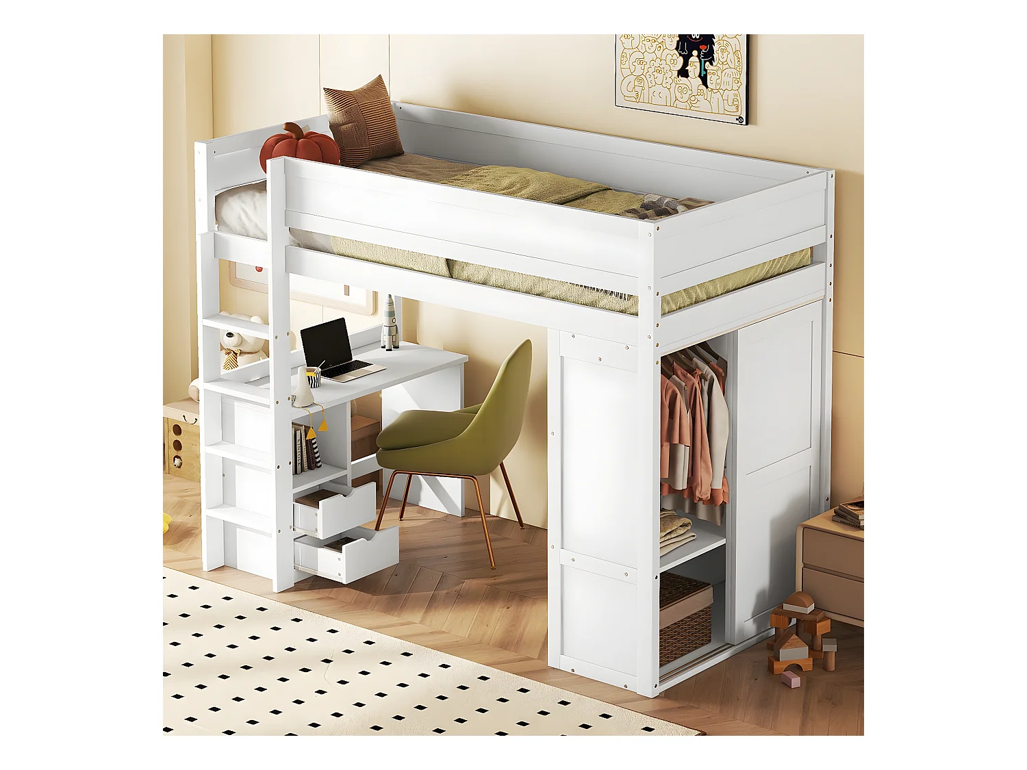 Lit mezzanine 90x200cm, lit enfant polyvalent, équipé d'armoire, bureau et tiroirs, échelle, sommier à lattes, pin, blanc