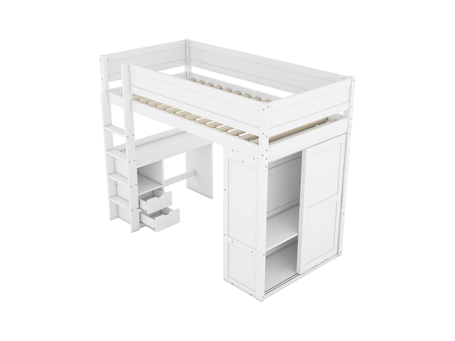 Lit mezzanine 90x200cm, lit enfant polyvalent, équipé d'armoire, bureau et tiroirs, échelle, sommier à lattes, pin, blanc