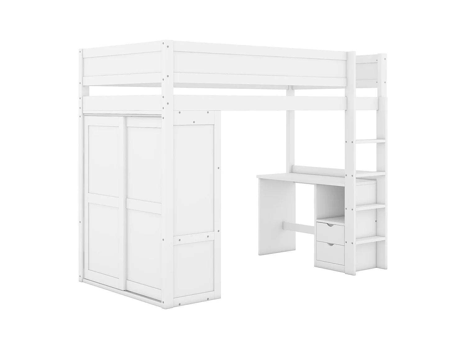 Lit mezzanine 90x200cm, lit enfant polyvalent, équipé d'armoire, bureau et tiroirs, échelle, sommier à lattes, pin, blanc