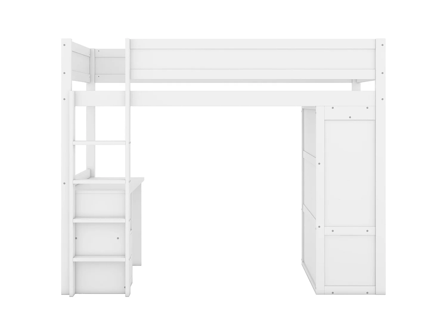 Lit mezzanine 90x200cm, lit enfant polyvalent, équipé d'armoire, bureau et tiroirs, échelle, sommier à lattes, pin, blanc