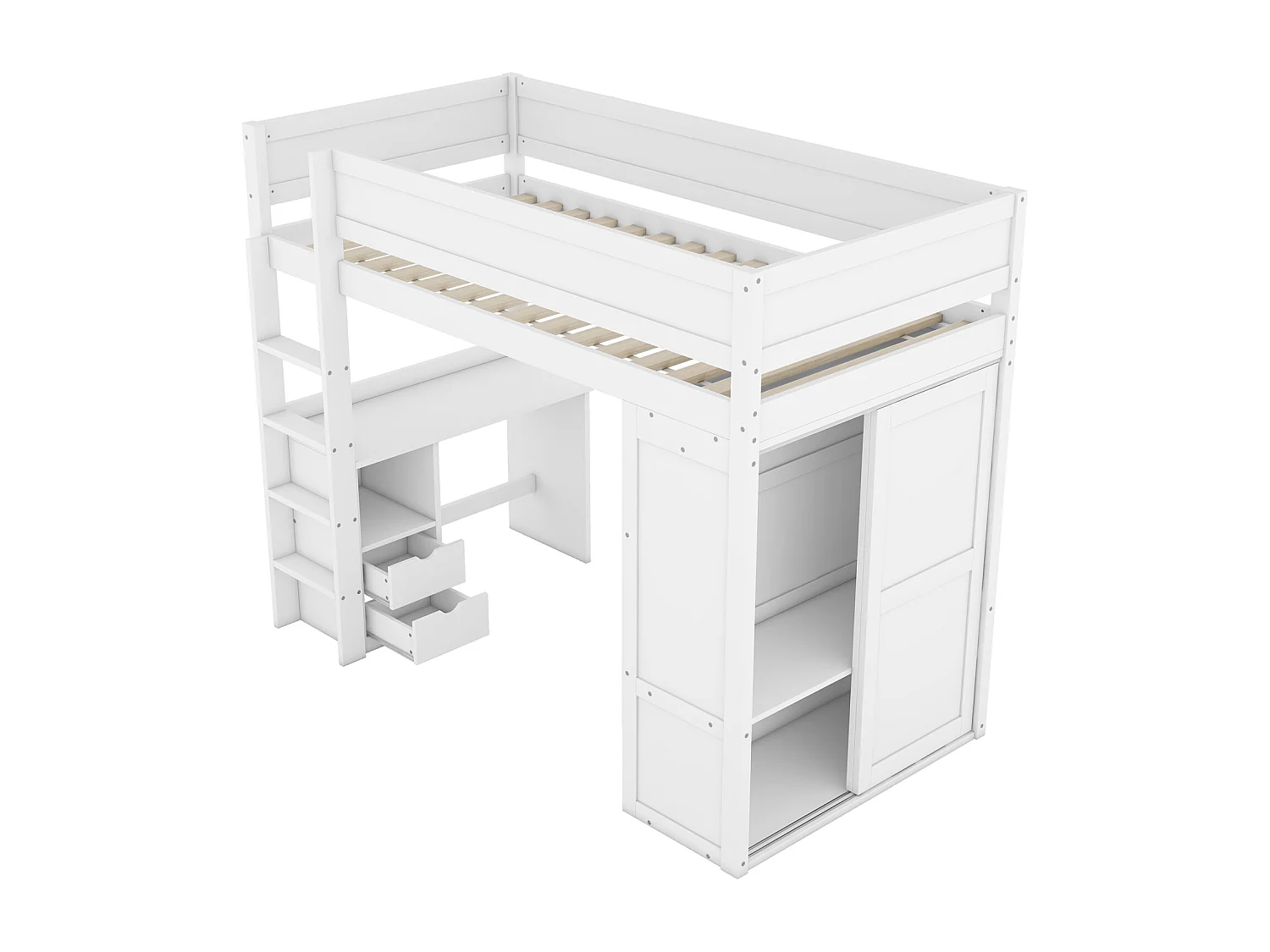 Cama alta 90x200cm, cama versátil para criança, equipada com roupeiro, secretária e gavetas, escada, estrado de ripas, pinho, branco