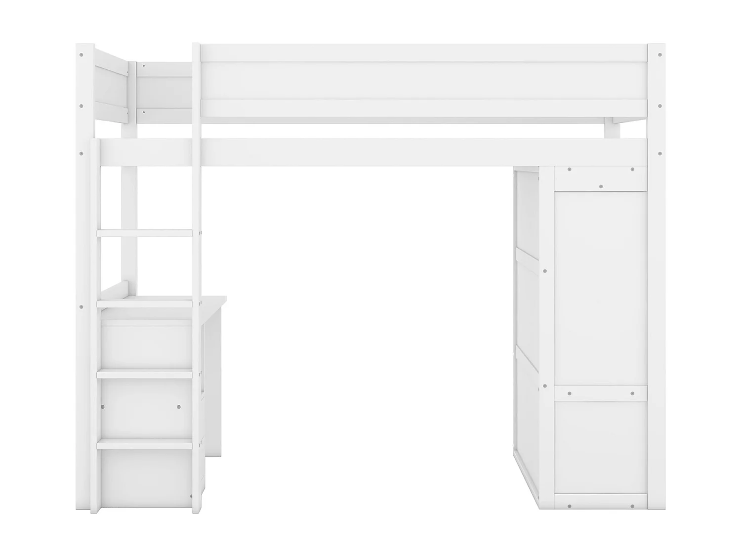 Cama alta 90x200cm, cama versátil para criança, equipada com roupeiro, secretária e gavetas, escada, estrado de ripas, pinho, branco
