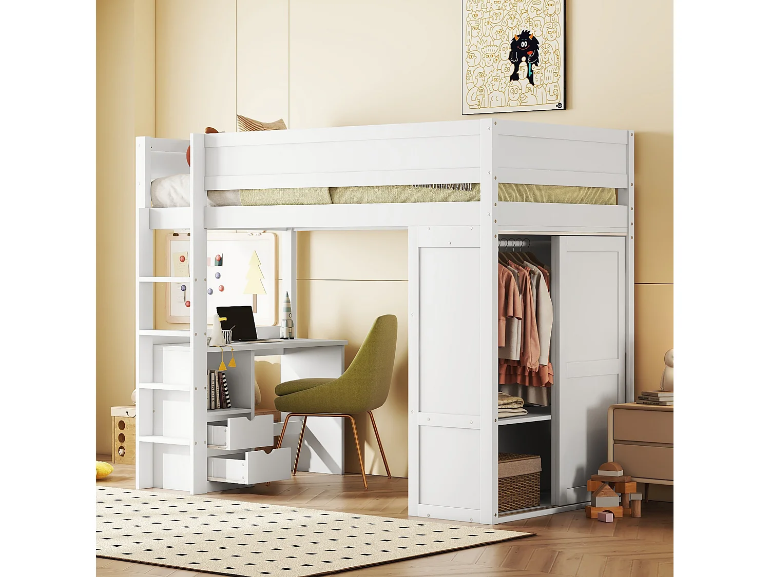 Lit mezzanine 90x200cm, lit enfant polyvalent, équipé d'armoire, bureau et tiroirs, échelle, sommier à lattes, pin, blanc