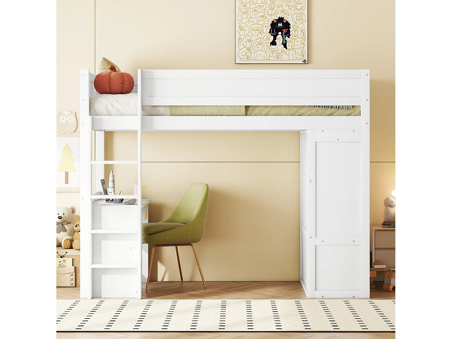 Lit mezzanine 90x200cm, lit enfant polyvalent, équipé d'armoire, bureau et tiroirs, échelle, sommier à lattes, pin, blanc
